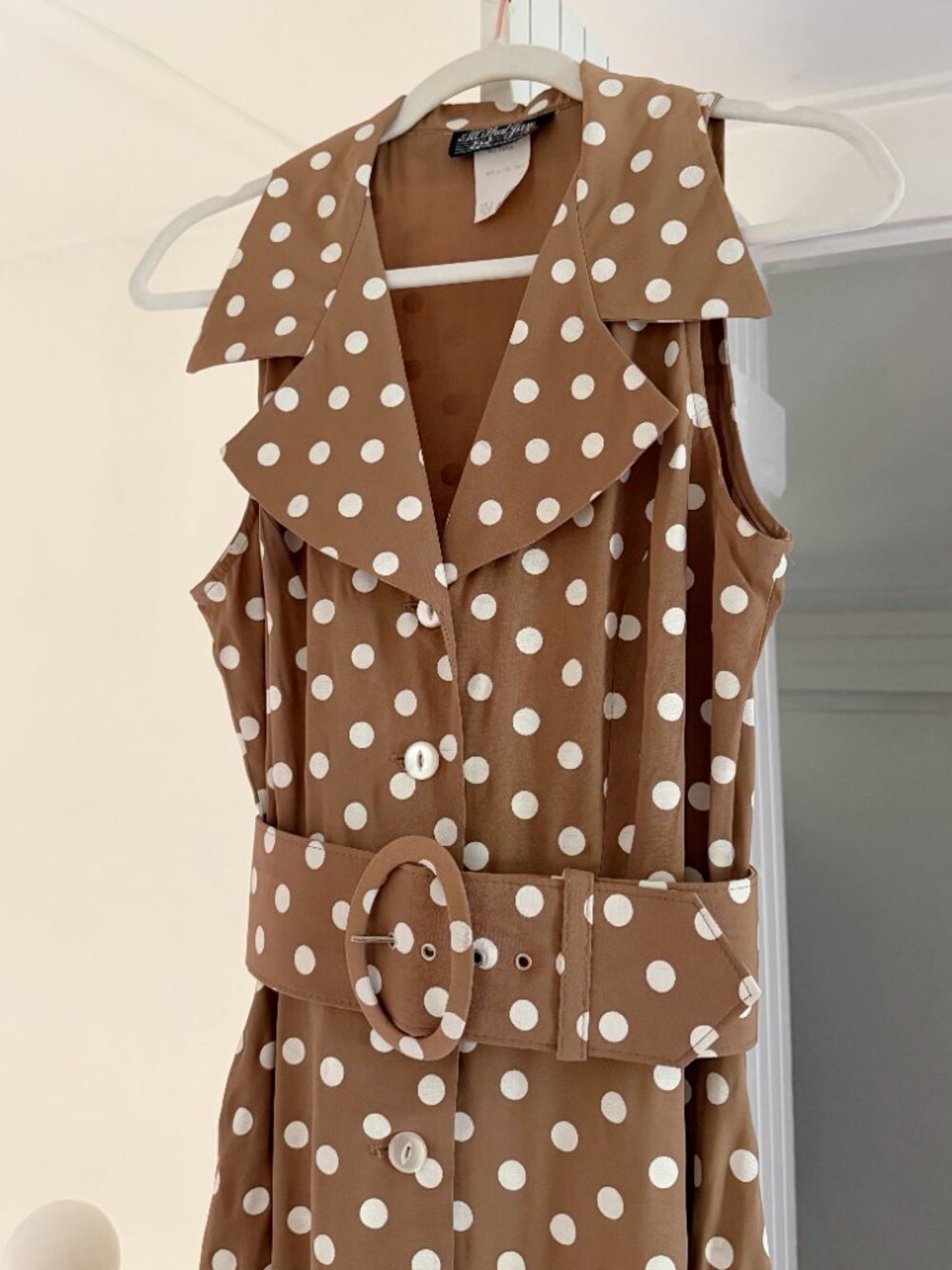 All That Jazz Vintage 90s Polka Dot Belted Buttoned Midi Dress Size 9/10 Brown - Picture 7 of 9